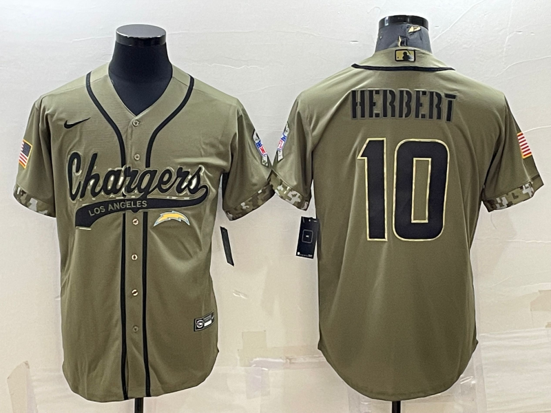 Men's Los Angeles Chargers #10 Justin Herbert Olive 2022 Salute to Service Cool Base Stitched Baseball Jersey
